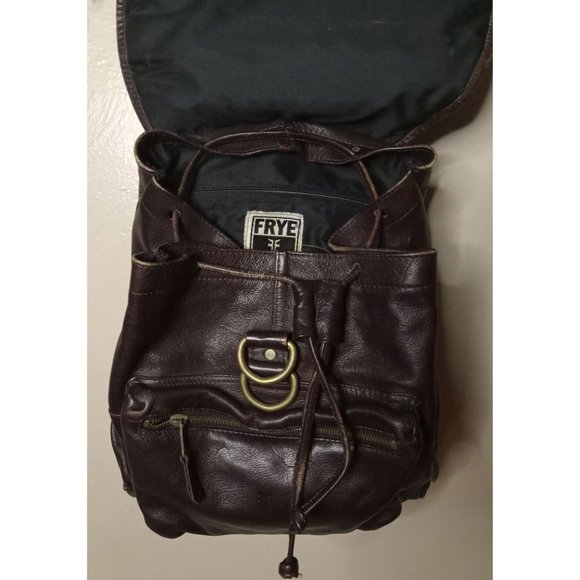 Frye Leather Medium Chocolate Brown Drawstring Closure Backpack With Bronze Acc. main image 9